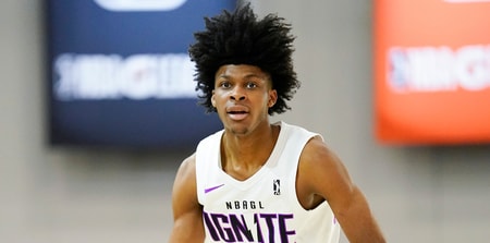 Dec 22, 2022; Las Vegas, NV, USA; NBA G League Ignite guard London Johnson (2) dribbles the ball during the first half against the Greensboro Swarm at Mandalay Bay Convention Center. Mandatory Credit: Lucas Peltier-Imagn Images