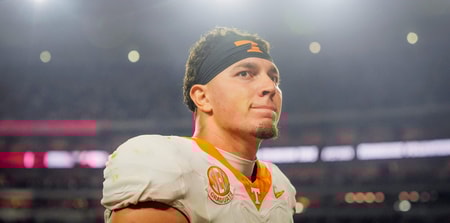 Brianna Paciorka/News Sentinel / USA TODAY NETWORK via Imagn Images | Tennessee quarterback Joey Aguilar (6) walks off the field as cigar smoke lingers in the air after a college football game between Tennessee and Alabama at Bryant-Denny Stadium in Tuscaloosa, Ala., on Oct. 18, 2025.