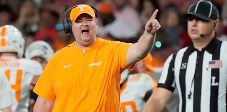 Oct 18, 2025; Tuscaloosa, Alabama, USA; Tennessee Volunteers head coach Josh Heupel reacts in the second quarter against the Alabama Crimson Tide at Saban Field at Bryant-Denny Stadium. Mandatory Credit: Gary Cosby-USA TODAY Network via Imagn Images