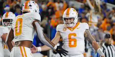 Angelina Alcantar/News Sentinel / USA TODAY NETWORK via Imagn Images | Tennessee quarterback Joey Aguilar (6) and Tennessee tight end Ethan Davis (0) celebrate after a touchdown during a NCAA football game against Kentucky at Kroger Field in Lexington, Kentucky on Oct. 25, 2025.