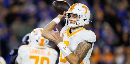 Oct 25, 2025; Lexington, Kentucky, USA; Tennessee Volunteers quarterback Joey Aguilar (6) throws a pass during the first quarter against the Kentucky Wildcats at Kroger Field. Mandatory Credit: Jordan Prather-Imagn Images