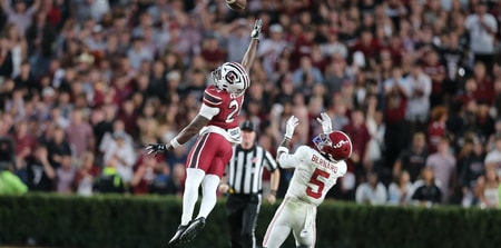 South Carolina defensive back Jalon Kilgore breaking up a pass against Alabama. Photo by: CJ Driggers | GamecockCentral