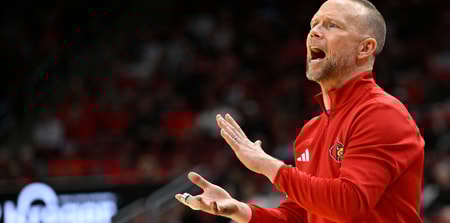 Nov 24, 2025; Louisville, Kentucky, USA; Louisville Cardinals head coach Pat Kelsey reacts during the second half against the Eastern Michigan Eagles at KFC Yum! Center. Louisville defeated Eastern Michigan 87-46. Mandatory Credit: Jamie Rhodes-Imagn Images