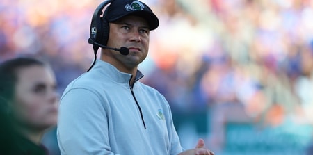 Dec 20, 2024; Tampa, FL, USA; Tulane Green Wave head coach Jon Sumrall looks on against the Florida Gators during the first quarter at Raymond James Stadium. Mandatory Credit: Kim Klement Neitzel-Imagn Images