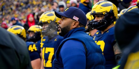 Michigan Wolverines head coach Sherrone Moore prepares to take the field before the the NCAA football game against the Ohio State Buckeyes at Michigan Stadium on Saturday, Nov. 29, 2025 in Ann Arbor, Michigan. (Columbus Dispatch)