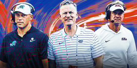 Jon Sumrall (tulane gear), Scott Stricklin (UF AD), and Lane Kiffin