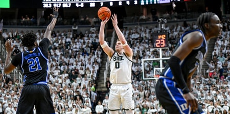 Michigan State's Jaxon Kohler makes a 3-pointer against Duke during the first half on Saturday, Dec. 6, 2025, at the Breslin Center in East Lansing. - Nick King, USA TODAY Sports