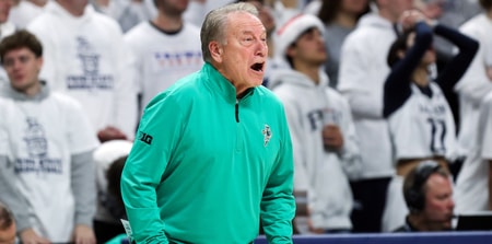 Michigan State Spartans head coach Tom Izzo reacts from the bench during the first half against the Penn State Nittany Lions at Bryce Jordan Center. - Matthew O'Haren, USA TODAY Sports