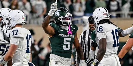 Michigan State's Jordan Hall celebrates a stop against Penn State during the third quarter on Saturday, Nov. 15, 2025, at Spartan Stadium in East Lansing. - Nick King, USA TODAY Sports
