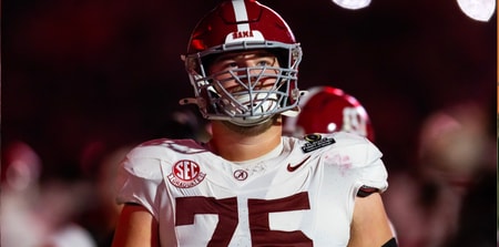 Dec 19, 2025; Norman, OK, USA; Alabama Crimson Tide offensive lineman Wilkin Formby (75) against the Oklahoma Sooners during the CFP National Playoff First Round at Gaylord Family Oklahoma Memorial Stadium. Mandatory Credit: Mark J. Rebilas-Imagn Images