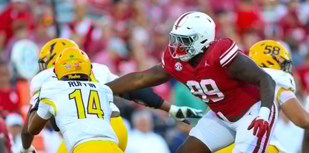 Oct 4, 2025; Norman, Oklahoma, USA; Oklahoma Sooners defensive lineman Markus Strong (99) rushes Kent State Golden Flashes quarterback Deante Ruffin (14) during the second half at Gaylord Family-Oklahoma Memorial Stadium. Mandatory Credit: Kevin Jairaj-Imagn Images