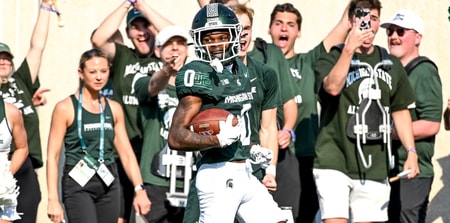 Michigan State's Charles Brantley heads to the end zone after an interception that was called back on a penalty during the second quarter in the game against Prairie View A&M. - Nick King, USA TODAY Sports