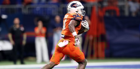 Sep 15, 2023; San Antonio, Texas, USA; UTSA Roadrunners wide receiver Devin McCuin (14) runs for a touchdown after a catch against the Army Black Knights during the second half at the Alamodome. Mandatory Credit: Danny Wild-Imagn Images