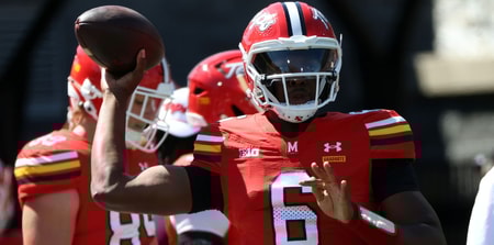 Aug 30, 2025; College Park, Maryland, USA; Maryland Terrapins quarterback Justyn Martin (6) throws before a game against the Florida Atlantic Owls at SECU Stadium. Mandatory Credit: Daniel Kucin Jr.-Imagn Images