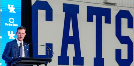 New Kentucky Wildcat head coach Will Stein makes remarks as he is introduced at Kentucky on Wednesday, December 3, 2025. (© Michael Clevenger/Courier Journal / USA TODAY NETWORK via Imagn Images)