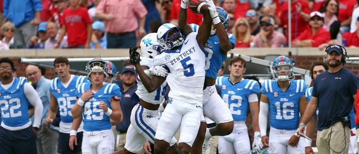 Kentucky CB DJ Waller breaks up a pass to Ole Miss WR Juice Wells