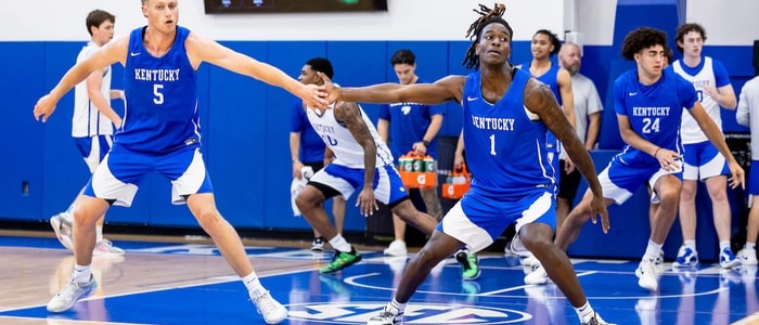 Collin Chandler and Denzel Aberdeen at a Kentucky Basketball summer practice - Photo by Chet White, UK Athletics