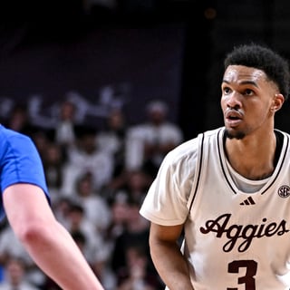 Mar 3, 2026; College Station, Texas, USA; Texas A&M Aggies guard Rylan Griffen (3) dribbles the ball during the second half against the Kentucky Wildcats at Reed Arena. Mandatory Credit: Maria Lysaker-Imagn Images
