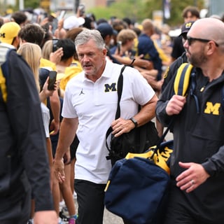 Michigan Wolverines football head coach Kyle Whittingham before the 2026 Western Michigan game. (Photo by IMAGN IMAGES via Reuters Connect)