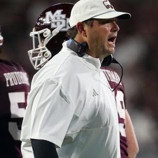 Sep 5, 2026; Starkville, Mississippi, USA; Mississippi State Bulldogs head coach Jeff Lebby reacts during the second quarter against the Louisiana Monroe Warhawks at Davis Wade Stadium at Scott Field. Petre Thomas-Imagn Images