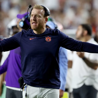 Sep 19, 2026; Auburn, Alabama, USA; Auburn Tigers Alex Golesh reacts to a call during the third quarter against the Florida Gators at Jordan-Hare Stadium. Mandatory Credit: John Reed-Imagn Images