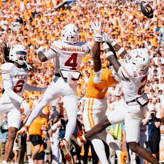 Sep 26, 2026; Knoxville, Tennessee, USA; Tennessee can’t catch the Hail Mary pass during a college football game between Tennessee and Texas at Neyland Stadium in Knoxville, Tenn. on Sept. 26, 2026. Mandatory Credit: Brianna Paciorka-USA TODAY Network via Imagn Images