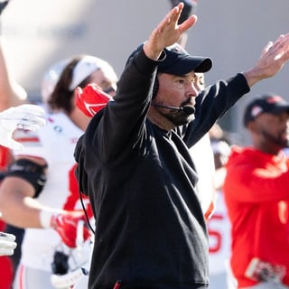 Ohio State Head Coach Ryan Day celebrates as they defeat Indiana during the Indiana versus Ohio State football game at Memorial
