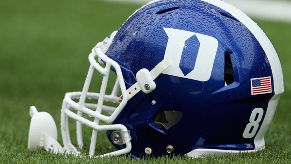 Nov 19, 2022; Pittsburgh, Pennsylvania, USA; Duke Blue Devils helmets on the sidelines against the Pittsburgh Panthers during the third quarter at Acrisure Stadium. (Charles LeClaire-USA TODAY Sports)