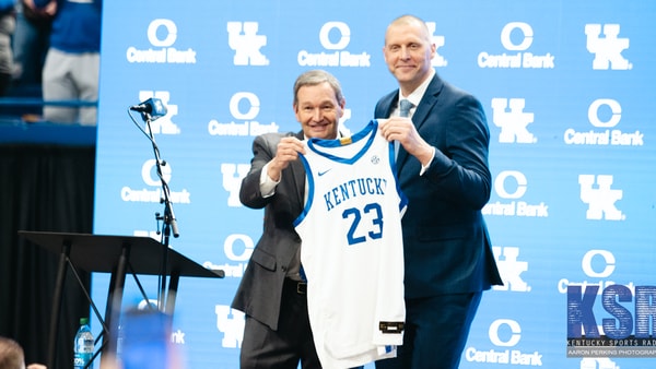 Kentucky coach Mark Pope and athletics director Mitch Barnhart at Pope's introductory press conference - Aaron Perkins, Kentucky Sports Radio