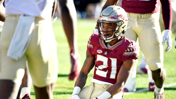 Apr 9, 2022; Tallahasse, FL, USA; Florida State Seminoles defensive back Greedy Vance (21) celebrates after a defensive stop during the FSU spring game at Doak Campbell Stadium. (Melina Myers-USA TODAY Sports)