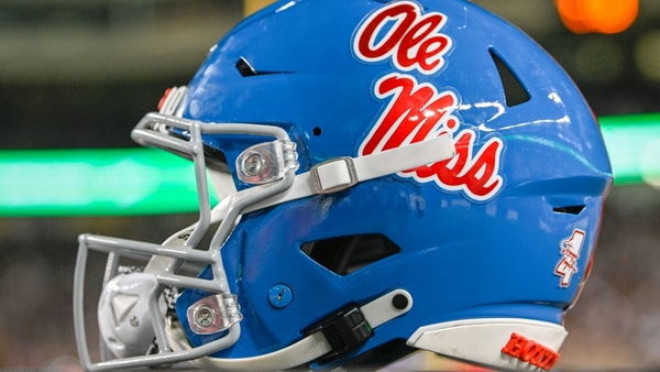 COLLEGE STATION, TX - OCTOBER 29: An Ole Miss helmet awaits the next series during the football game between the Ole Miss Rebels and Texas A&amp;M Aggies at Kyle Field on October 29, 2022 in College Station, Texas. (Photo by Ken Murray/Icon Sportswire)