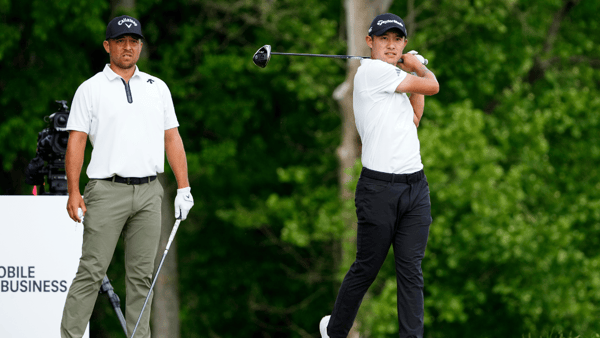 May 18, 2024; Louisville, Kentucky, USA; Xander Schauffele watches as Collin Morikawa tees off on the fourth hole during the third round of the PGA Championship golf tournament at Valhalla Golf Club. (Adam Cairns-USA TODAY Sports)