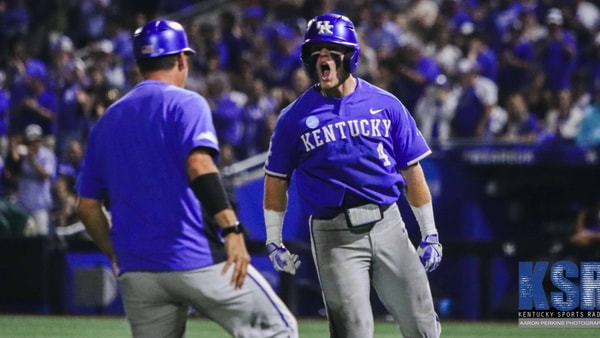 Kentucky Baseball's Émilien Pitre celebrates after a play - Aaron Perkins, Kentucky Sports Radio