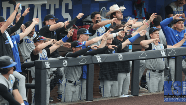Kentucky players lead cheers in the dugout at the NCAA Tournament Lexington Regional - Dr. Michael Huang, Kentucky Sports Radio
