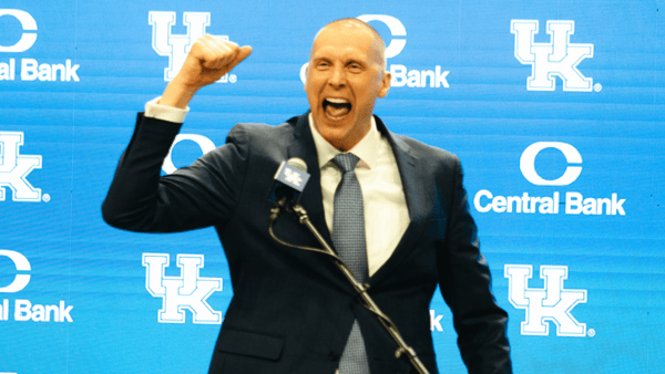 Kentucky coach Mark Pope leads a cheer at his introductory press conference - Aaron Perkins, Kentucky Sports Radio