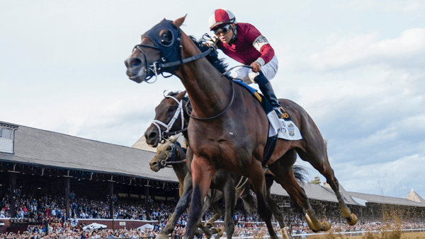 Jun 8, 2024; Saratoga Springs, NY, USA; Dornoch with Luis Saez up (6) wins the Belmont Stakes at Saratoga Race Course. (Gregory Fisher-USA TODAY Sports)