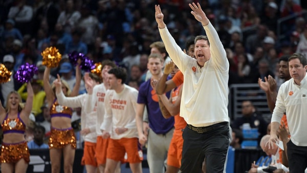 Mar 28, 2024; Los Angeles, CA, USA; Clemson Tigers head coach Brad Brownell reacts in the second half against the Arizona Wildcats in the semifinals of the West Regional of the 2024 NCAA Tournament at Crypto.com Arena. Mandatory Credit: Jayne Kamin-Oncea-USA TODAY Sports