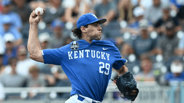 Jun 15, 2024; Omaha, NE, USA; Kentucky Wildcats pitcher Robert Hogan (29) throws against the NC State Wolfpack during the ninth inning at Charles Schwab Filed Omaha. (Steven Branscombe-USA TODAY Sports)