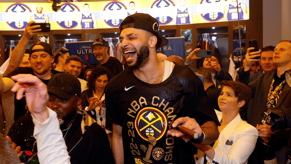 Denver Nuggets guard Jamal Murray (27) celebrates after the Nuggets won the NBA championship by defeating the Miami Heat in game five of the 2023 NBA Finals at Ball Arena. Mandatory Credit: Isaiah J. Downing-Imagn Images