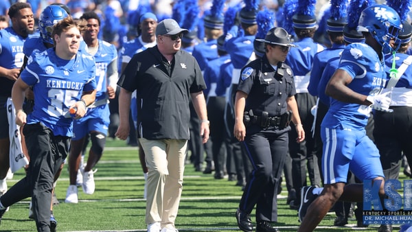 Mark Stoops during pregame introductions at Kroger Field - Dr. Michael Huang, Kentucky Sports Radio