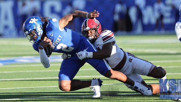 Kentucky QB Gavin Wimsatt is sacked by South Carolina