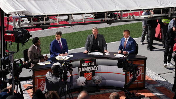 Oct 21, 2023; Columbus, Ohio, USA; The ESPN College Gameday crew broadcasts from the field prior to the NCAA football game between the Ohio State Buckeyes and the Penn State Nittany Lions at Ohio Stadium.  Credit: © Adam Cairns/Columbus Dispatch / USA TODAY NETWORK