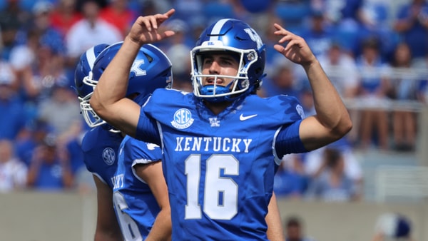 Kentucky kicker Alex Raynor celebrates a made field goal - Dr. Michael Huang, Kentucky Sports Radio