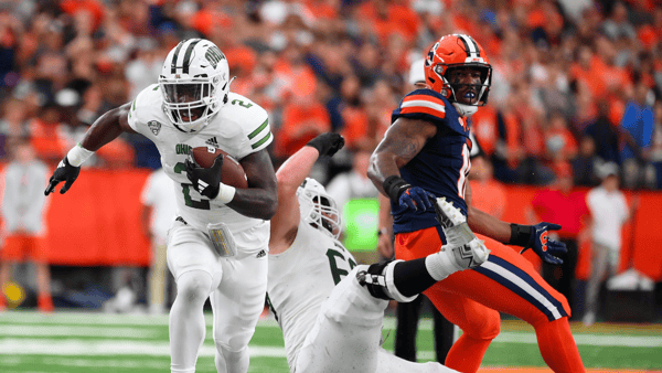 Aug 31, 2024; Syracuse, New York, USA; Ohio Bobcats running back Anthony Tyus III (2) runs the ball against the Syracuse Orange during the first half at the JMA Wireless Dome. Mandatory Credit: Rich Barnes-Imagn Images