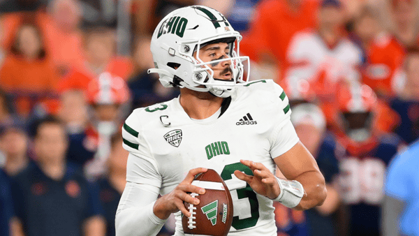 Ohio Bobcats quarterback Parker Navarro (13) drops back to pass against the Syracuse Orange during the second half at the JMA Wireless Dome. Mandatory Credit: Rich Barnes-Imagn Images