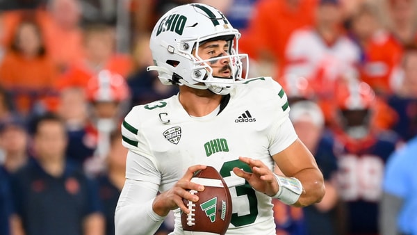 Aug 31, 2024; Syracuse, New York, USA; Ohio Bobcats quarterback Parker Navarro (13) drops back to pass against the Syracuse Orange during the second half at the JMA Wireless Dome. Mandatory Credit: Rich Barnes-Imagn Images