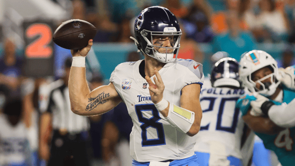Tennessee Titans quarterback Will Levis (8) throws the football against the Miami Dolphins during the first quarter at Hard Rock Stadium. Mandatory Credit: Sam Navarro-Imagn Images