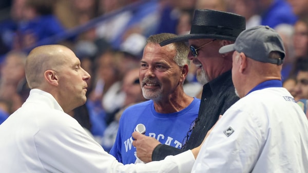 Mark Pope greets Richie Farmer and others at Big Blue Madness - Dr. Michael Huang, Kentucky Sports Radio