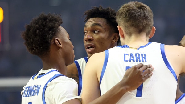Kentucky's Andrew Carr, Jaxson Robinson, Amari Williams, Lamont Butler, and Otega Oweh huddle before tipoff - Dr. Michael Huang, Kentucky Sports Radio