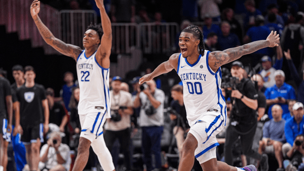Nov 12, 2024; Atlanta, Georgia, USA; Kentucky Wildcats players react after defeating the Duke Blue Devils at State Farm Arena. Mandatory Credit: Dale Zanine-Imagn Images